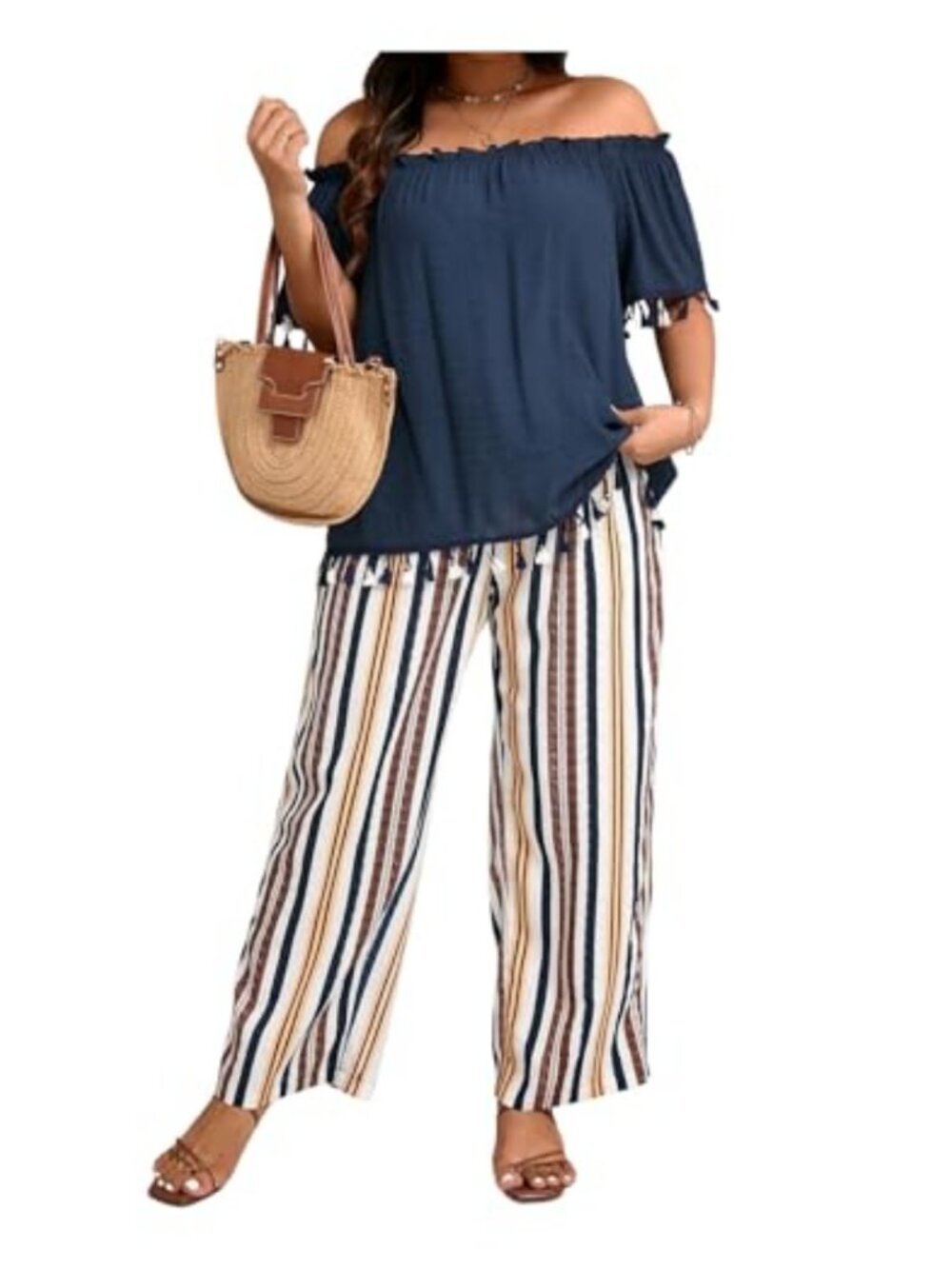 Plus Size 2 Piece Off Shoulder Blouse & Striped Pants Set